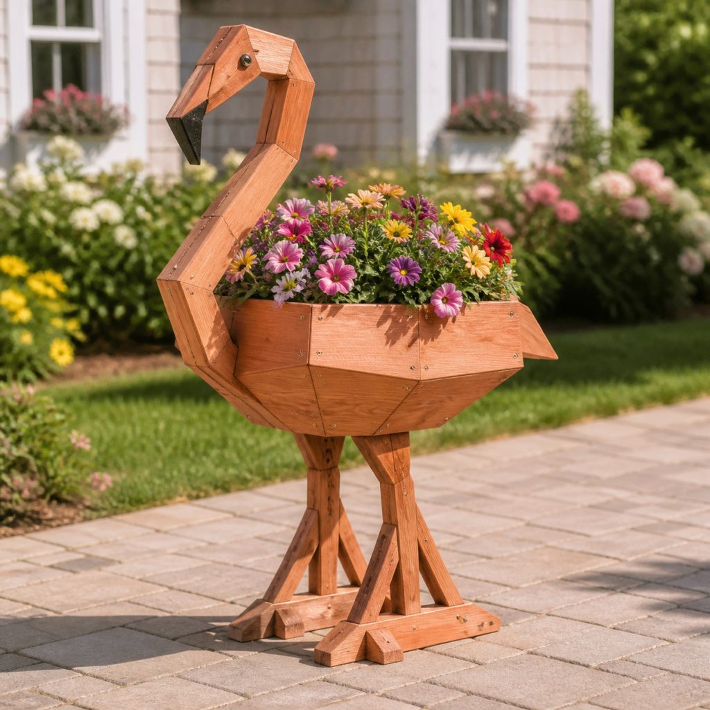 Geometric Flamingo Planter shown as a square photorealistic cedar garden planter filled with cottage flowers