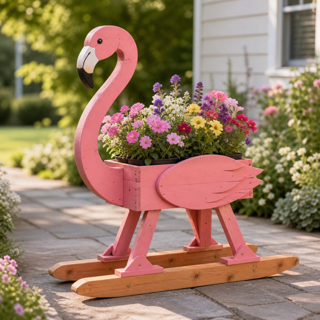Flamingo on a Wide Sled Base shown as a square photorealistic cedar garden planter filled with cottage flowers