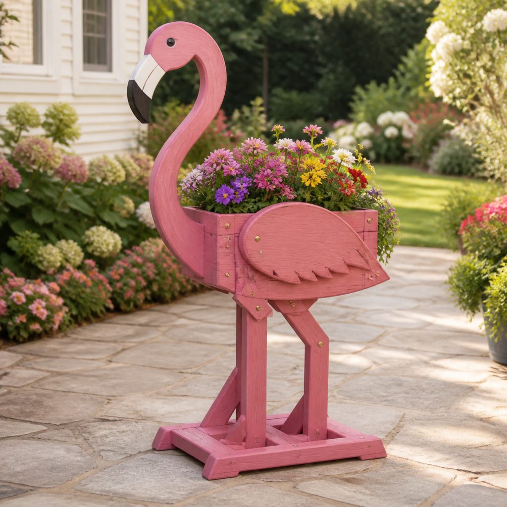 Two-Leg Braced Flamingo shown as a square photorealistic cedar garden planter filled with cottage flowers
