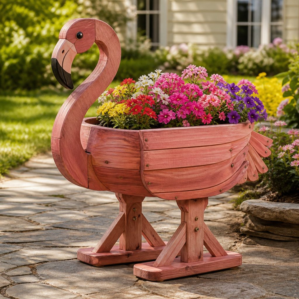 Compact Short-Neck Flamingo shown as a square photorealistic cedar garden planter filled with cottage flowers