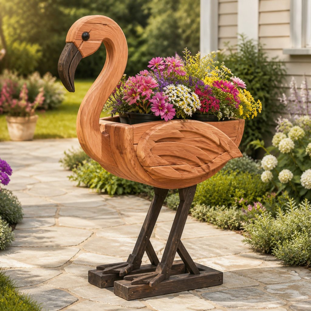 Dark-Bill Two-Tone Flamingo shown as a square photorealistic cedar garden planter filled with cottage flowers