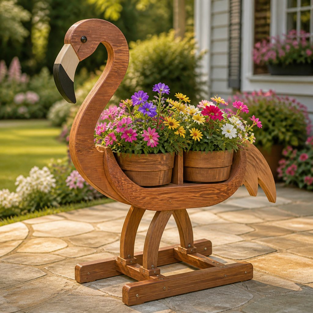 Flamingo with Twin Body Pots shown as a square photorealistic cedar garden planter filled with cottage flowers