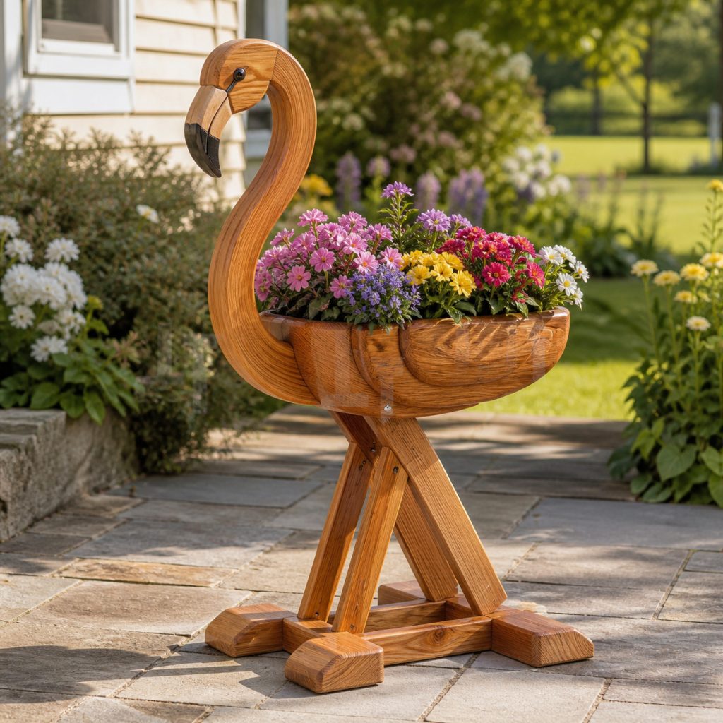 Elegant Laminated-Neck Flamingo shown as a square photorealistic cedar garden planter filled with cottage flowers