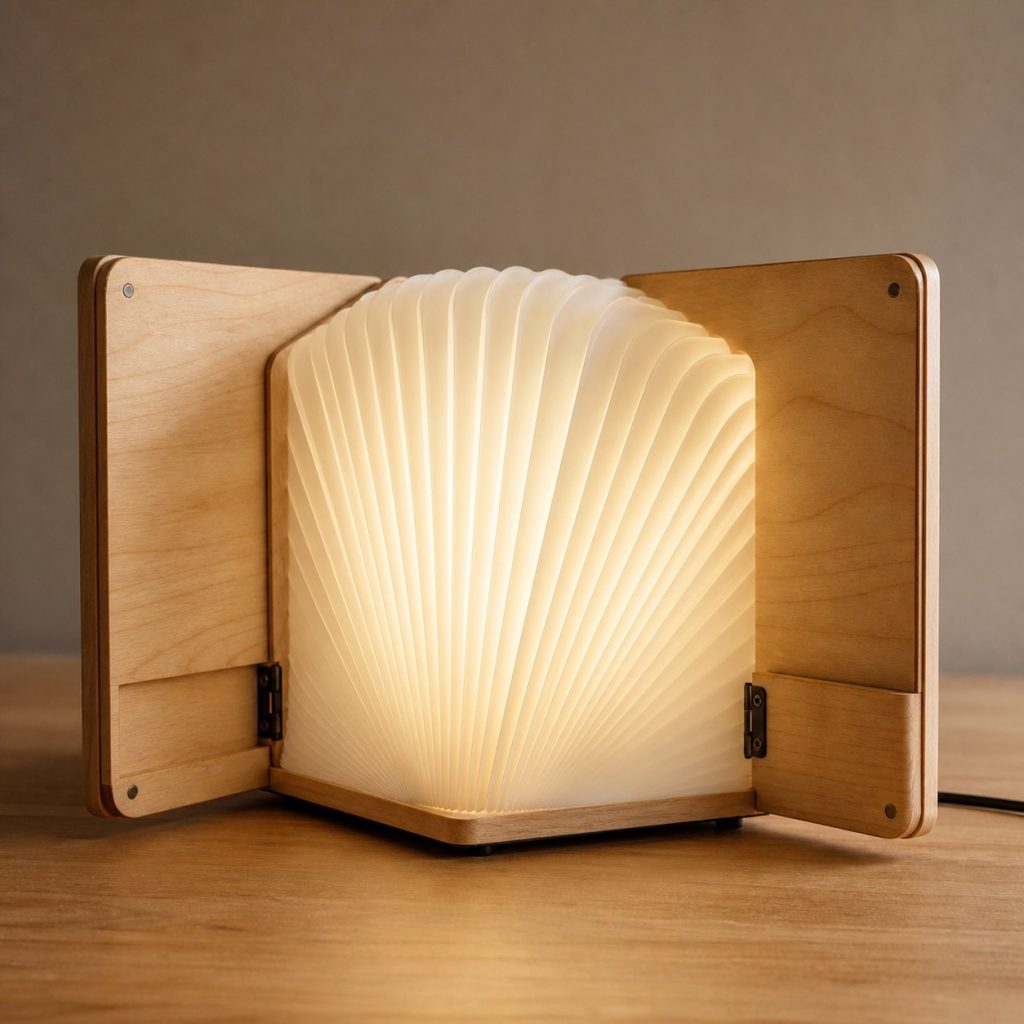 Maple Book-Fold Lamp shown as an original square photorealistic folding wooden lamp with believable joinery, warm diffused light, and protected hardware