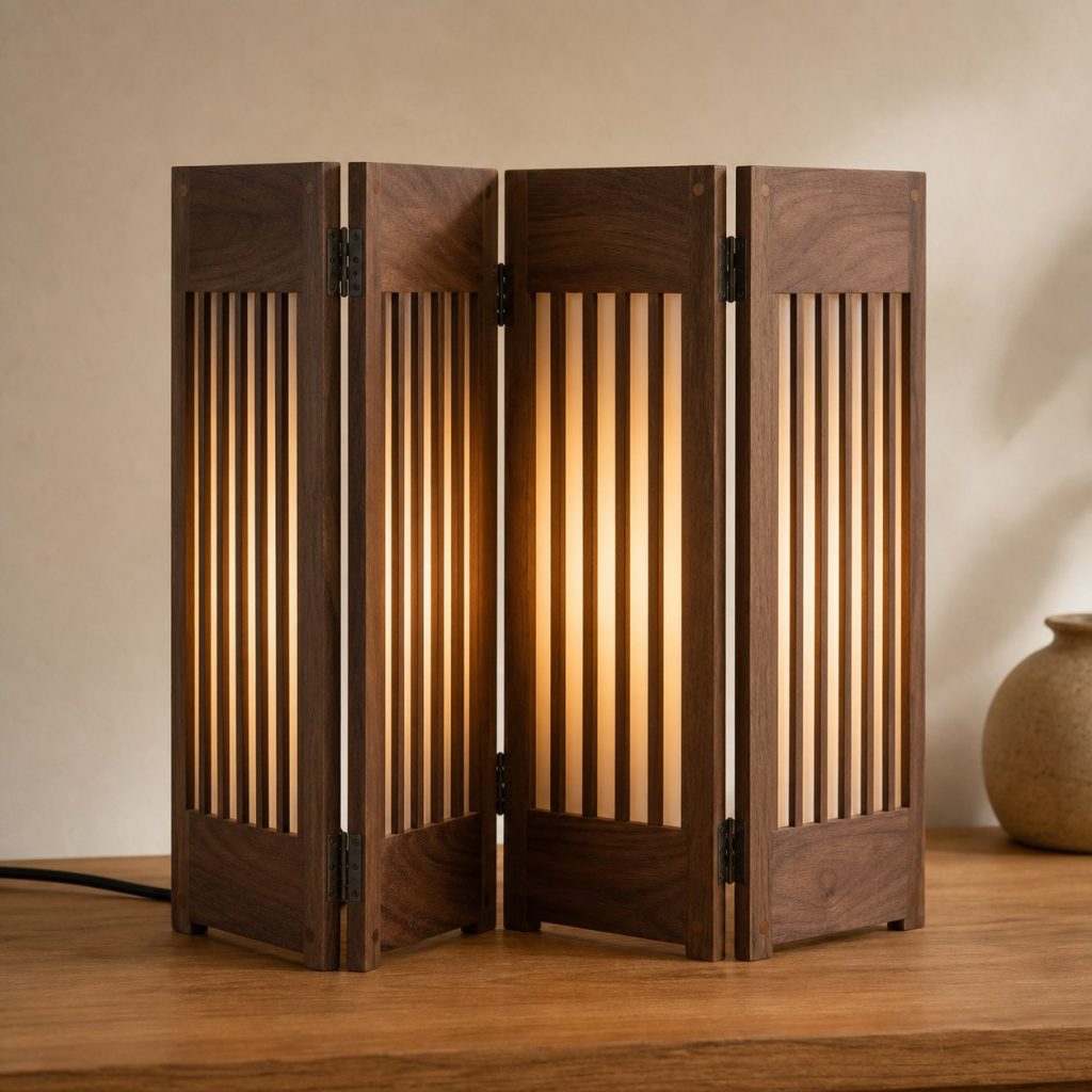 Walnut Folding-Screen Lamp shown as an original square photorealistic folding wooden lamp with believable joinery, warm diffused light, and protected hardware