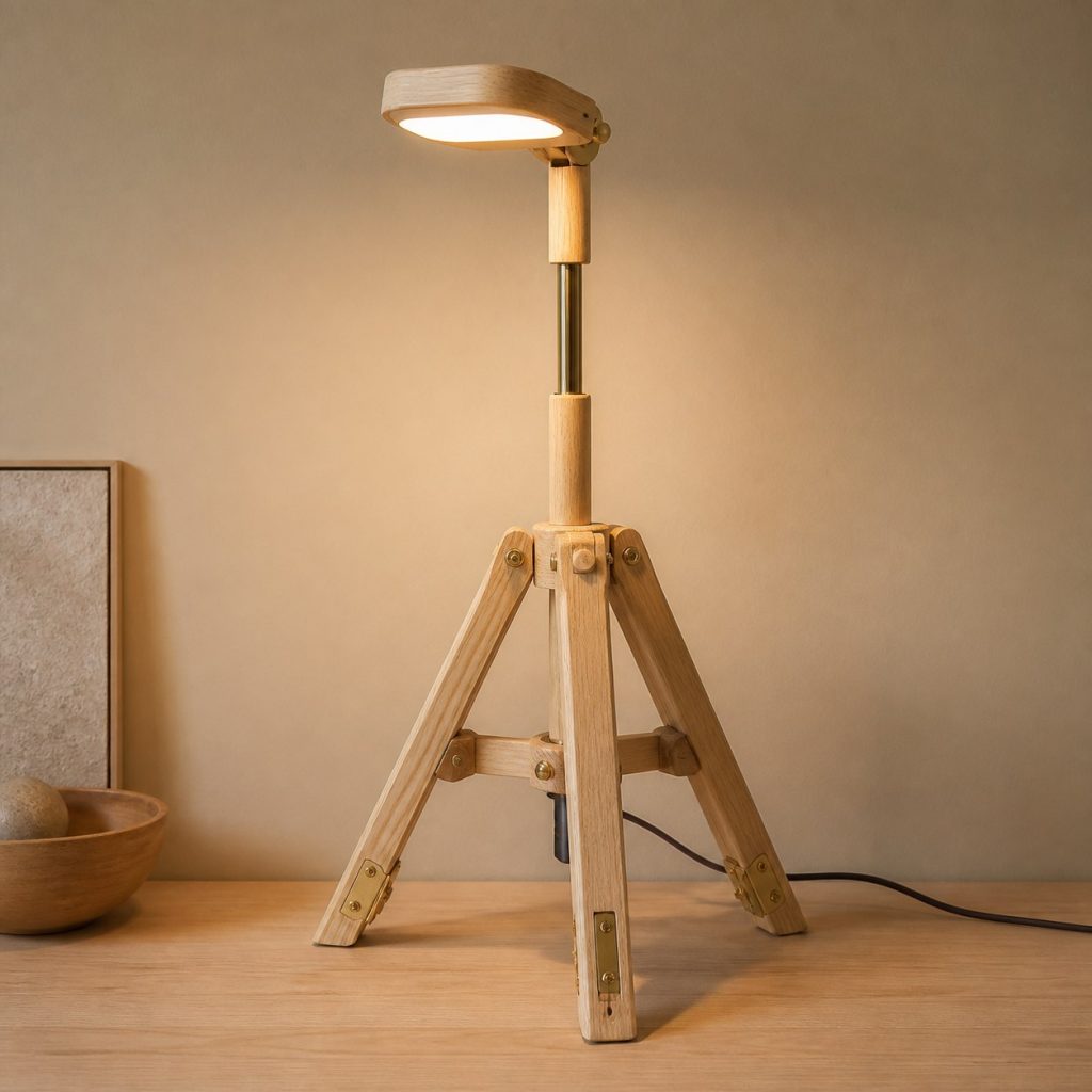 Ash Collapsible Tripod Lamp shown as an original square photorealistic folding wooden lamp with believable joinery, warm diffused light, and protected hardware