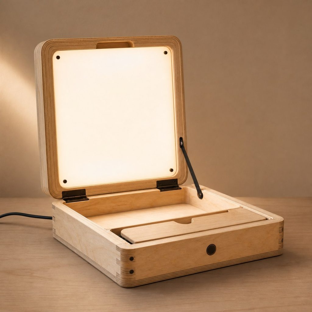 Plywood Suitcase Lamp shown as an original square photorealistic folding wooden lamp with believable joinery, warm diffused light, and protected hardware