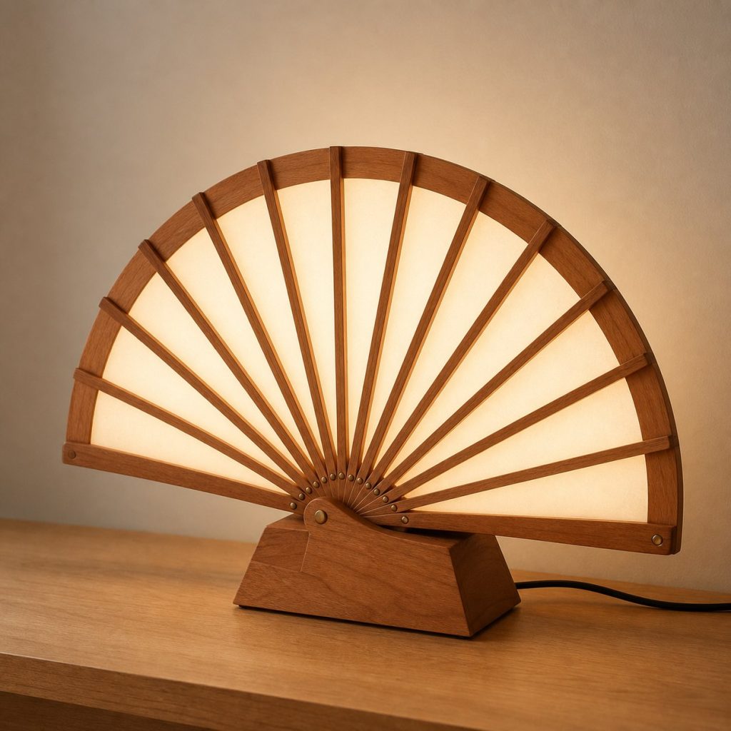 Cherry Fan Lamp shown as an original square photorealistic folding wooden lamp with believable joinery, warm diffused light, and protected hardware