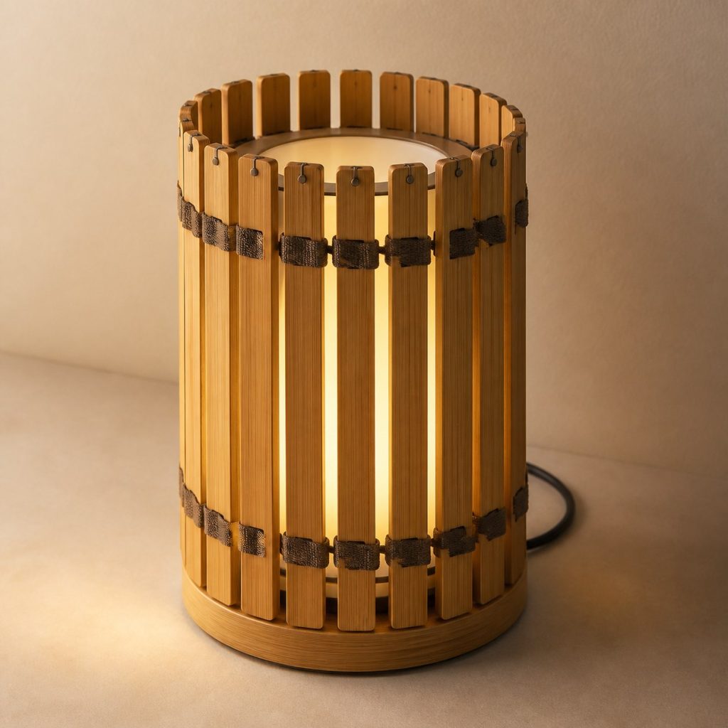 Bamboo Roll-Fold Lantern shown as an original square photorealistic folding wooden lamp with believable joinery, warm diffused light, and protected hardware