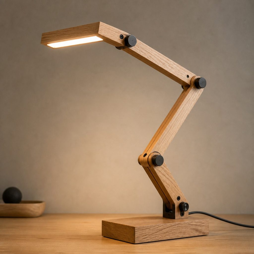 Oak Folding-Ruler Task Lamp shown as an original square photorealistic folding wooden lamp with believable joinery, warm diffused light, and protected hardware