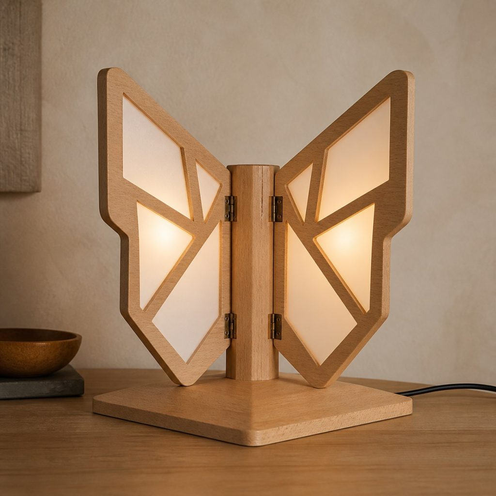 Beech Butterfly Panel Lamp shown as an original square photorealistic folding wooden lamp with believable joinery, warm diffused light, and protected hardware