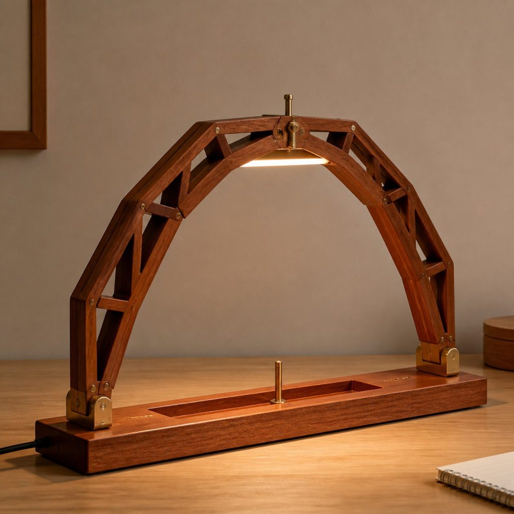 Sapele Folding-Bridge Lamp shown as an original square photorealistic folding wooden lamp with believable joinery, warm diffused light, and protected hardware