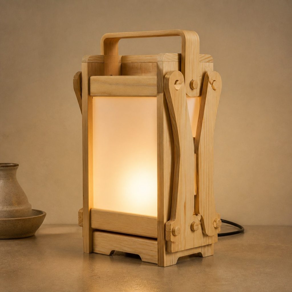 Pine Flat-Pack Lantern shown as an original square photorealistic folding wooden lamp with believable joinery, warm diffused light, and protected hardware