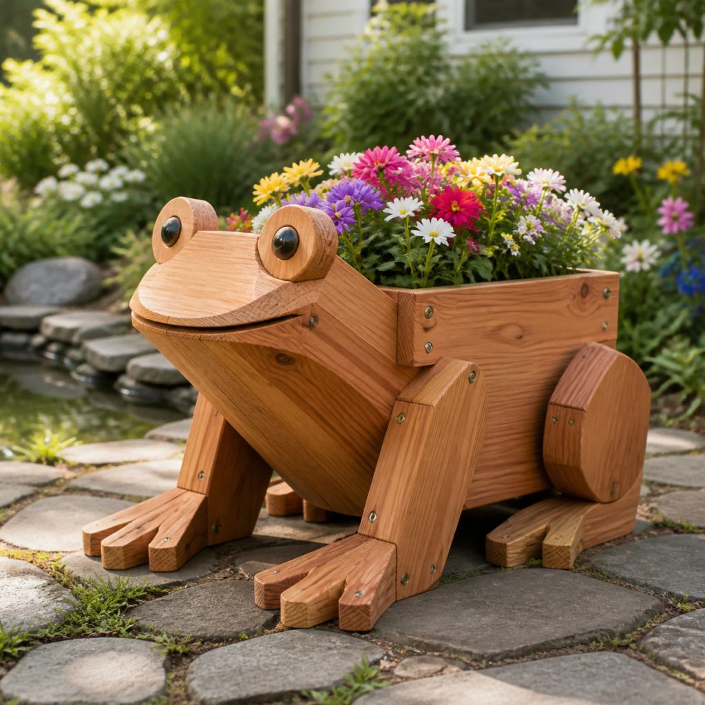 Classic Seated Frog Planter shown as a square photorealistic cedar garden planter filled with cottage flowers