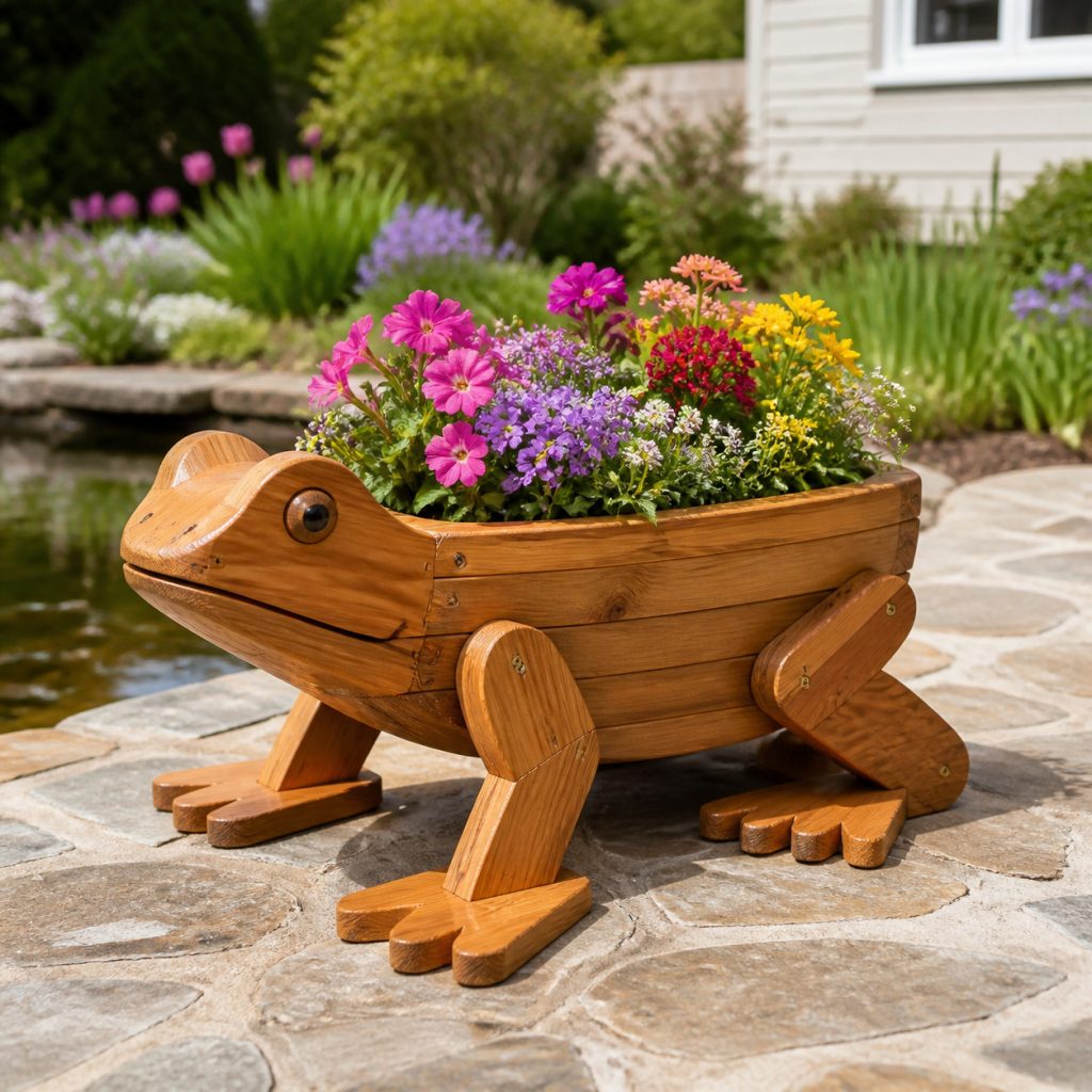 Low Crouching Cedar Frog shown as a square photorealistic cedar garden planter filled with cottage flowers