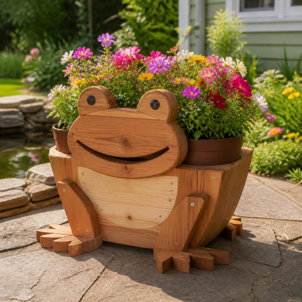 Smiling Cottage Frog Pots shown as a square photorealistic cedar garden planter filled with cottage flowers