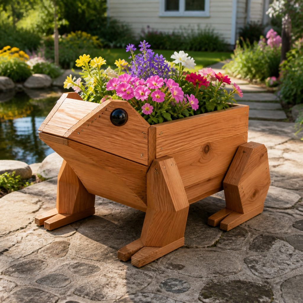Modern Geometric Frog shown as a square photorealistic cedar garden planter filled with cottage flowers
