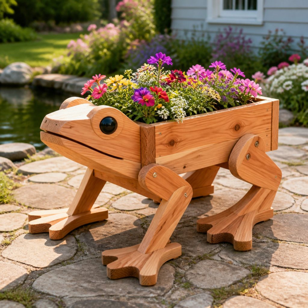 Long-Foot Tree Frog Planter shown as a square photorealistic cedar garden planter filled with cottage flowers