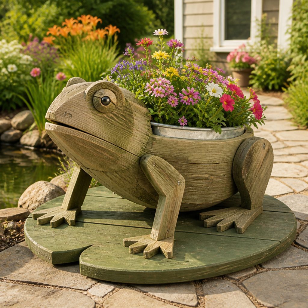 Frog on a Lily-Pad Base shown as a square photorealistic cedar garden planter filled with cottage flowers