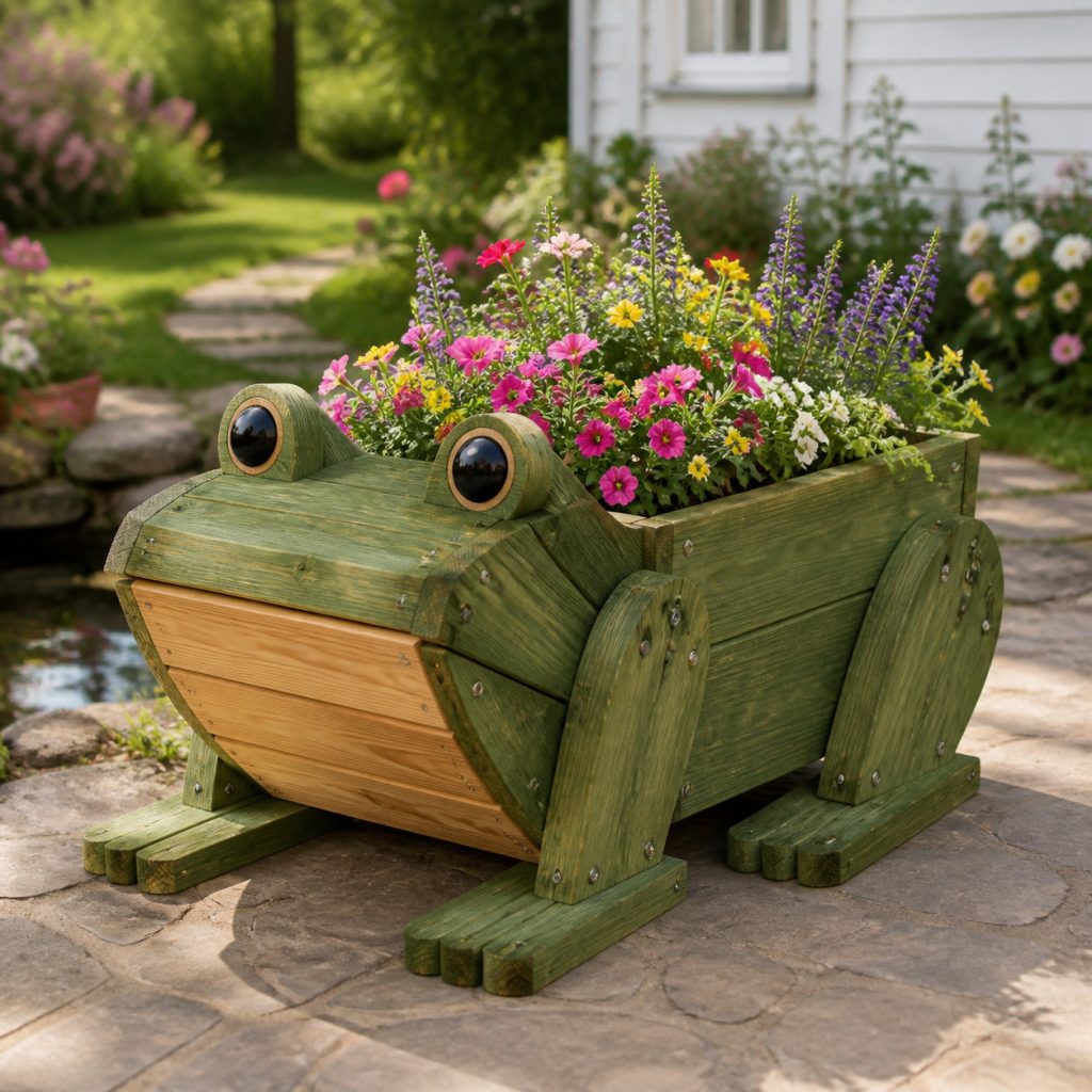 Green-Stained Cedar Frog shown as a square photorealistic cedar garden planter filled with cottage flowers