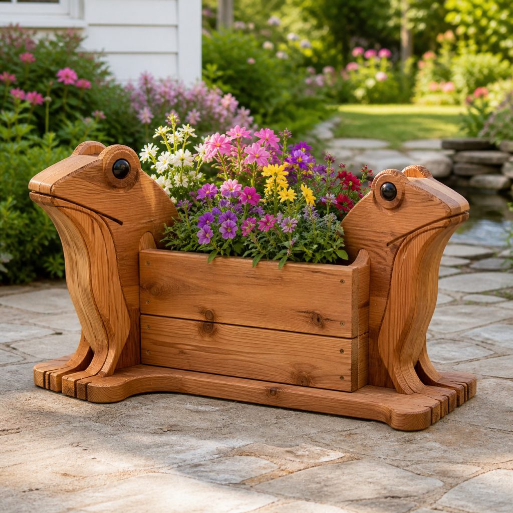 Joined Frog-Pair Planter shown as a square photorealistic cedar garden planter filled with cottage flowers