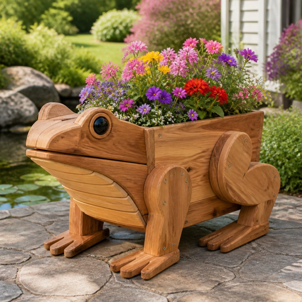 Chunky Bullfrog Flower Box shown as a square photorealistic cedar garden planter filled with cottage flowers