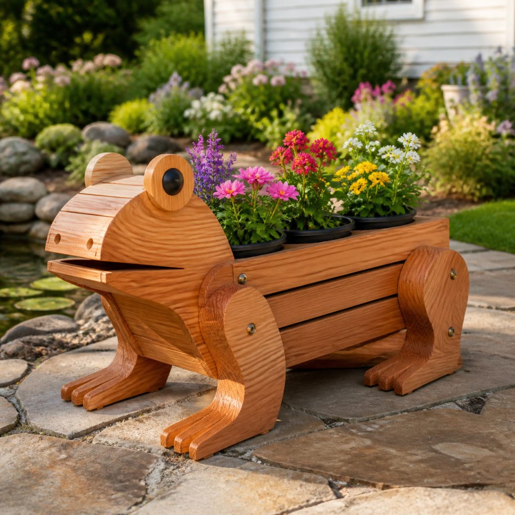 Minimal Rounded Frog Planter shown as a square photorealistic cedar garden planter filled with cottage flowers