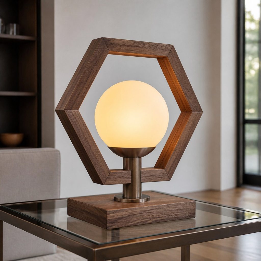 Walnut Hexagon-Frame Lamp shown as a square photorealistic original geometric wooden lamp with warm LED light, visible real wood grain, and physically plausible support
