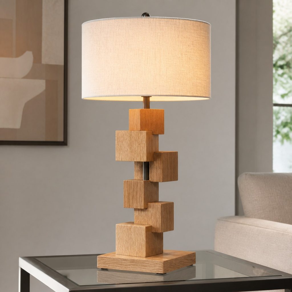 White-Oak Stacked-Cube Lamp shown as a square photorealistic original geometric wooden lamp with warm LED light, visible real wood grain, and physically plausible support