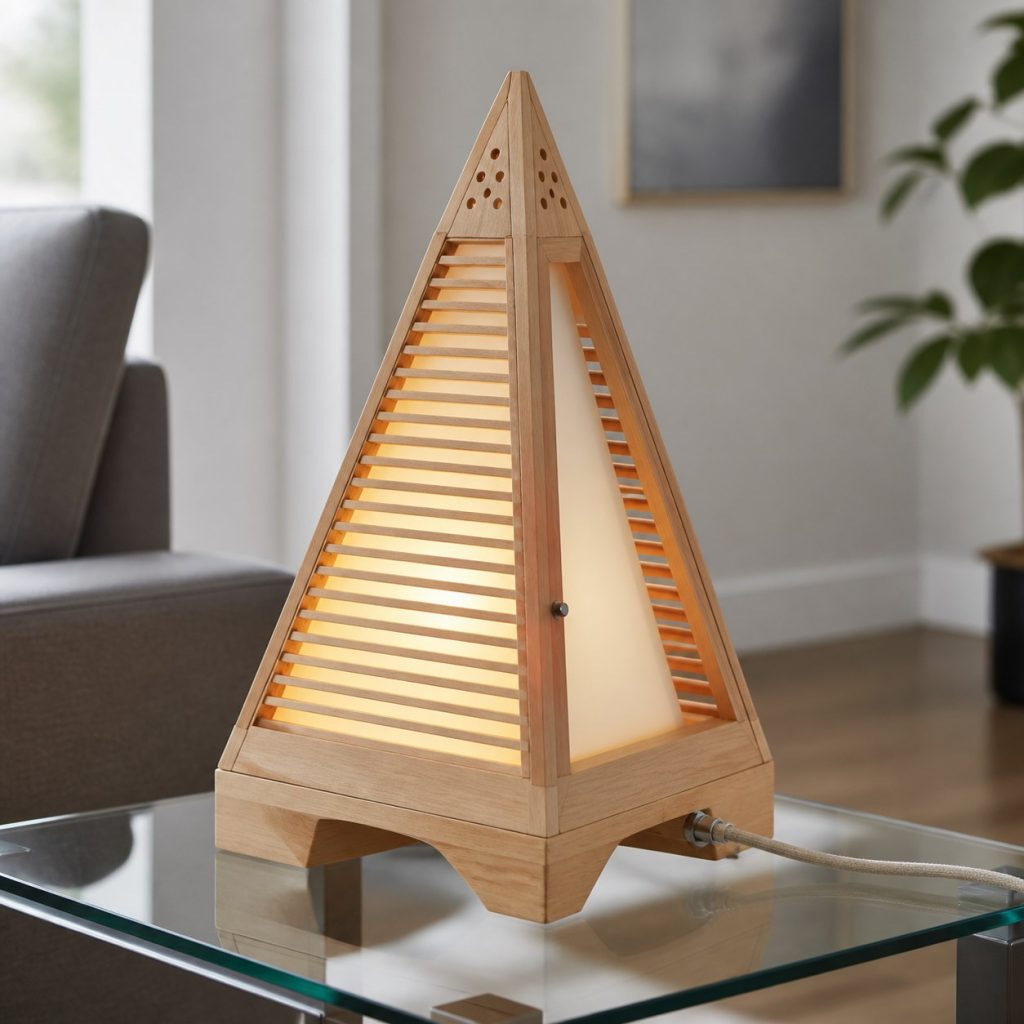 Maple Triangular-Prism Lantern shown as a square photorealistic original geometric wooden lamp with warm LED light, visible real wood grain, and physically plausible support