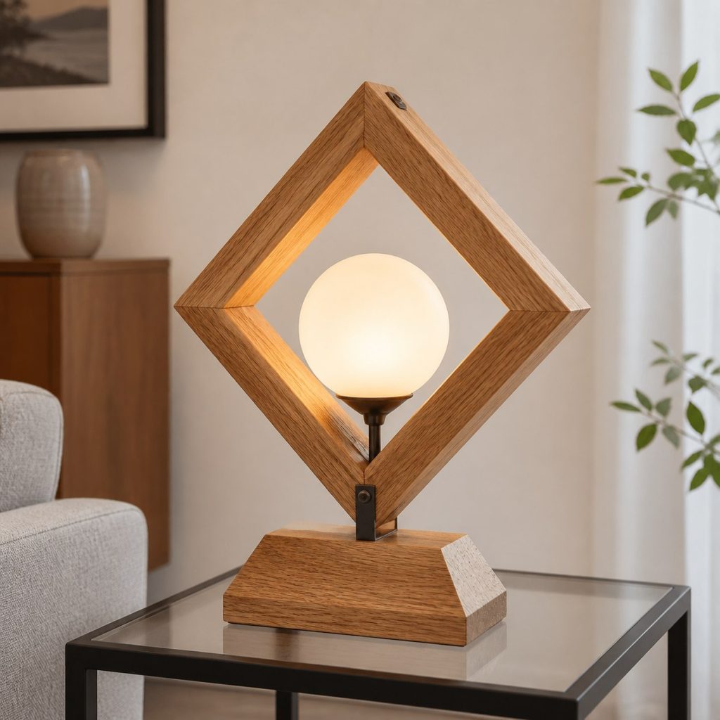 Ash Diamond-Frame Lamp shown as a square photorealistic original geometric wooden lamp with warm LED light, visible real wood grain, and physically plausible support