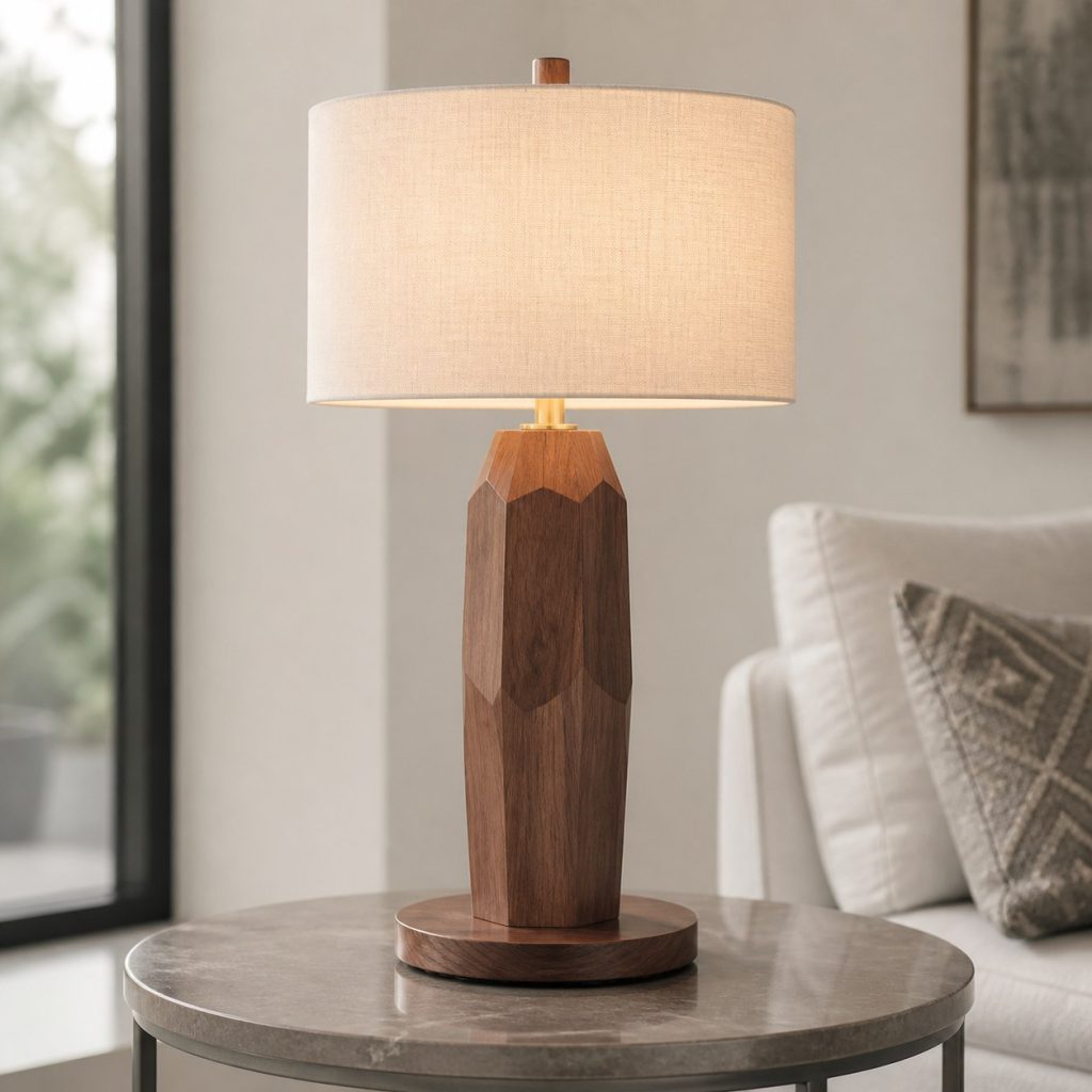 Walnut Faceted-Column Lamp shown as a square photorealistic original geometric wooden lamp with warm LED light, visible real wood grain, and physically plausible support