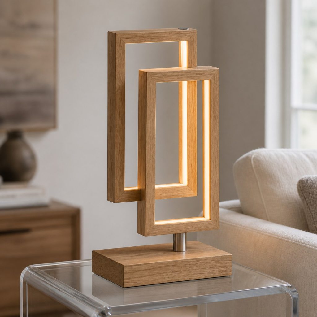 Oak Interlocking-Rectangle Lamp shown as a square photorealistic original geometric wooden lamp with warm LED light, visible real wood grain, and physically plausible support