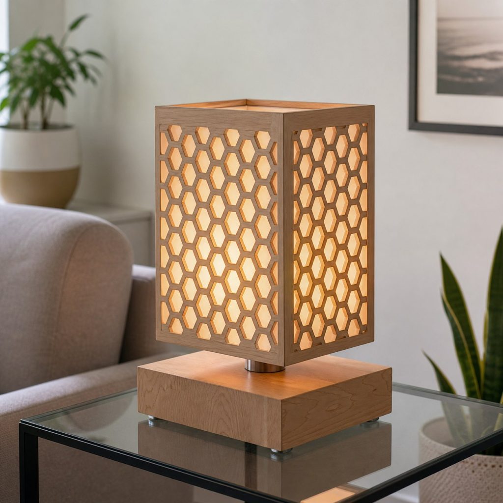 Birch Honeycomb Lantern shown as a square photorealistic original geometric wooden lamp with warm LED light, visible real wood grain, and physically plausible support