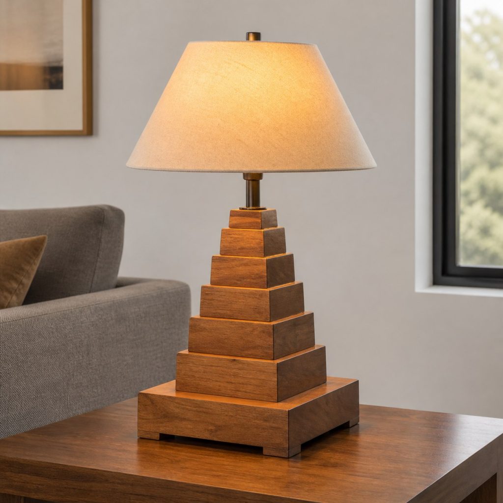 Cherry Stepped-Pyramid Lamp shown as a square photorealistic original geometric wooden lamp with warm LED light, visible real wood grain, and physically plausible support
