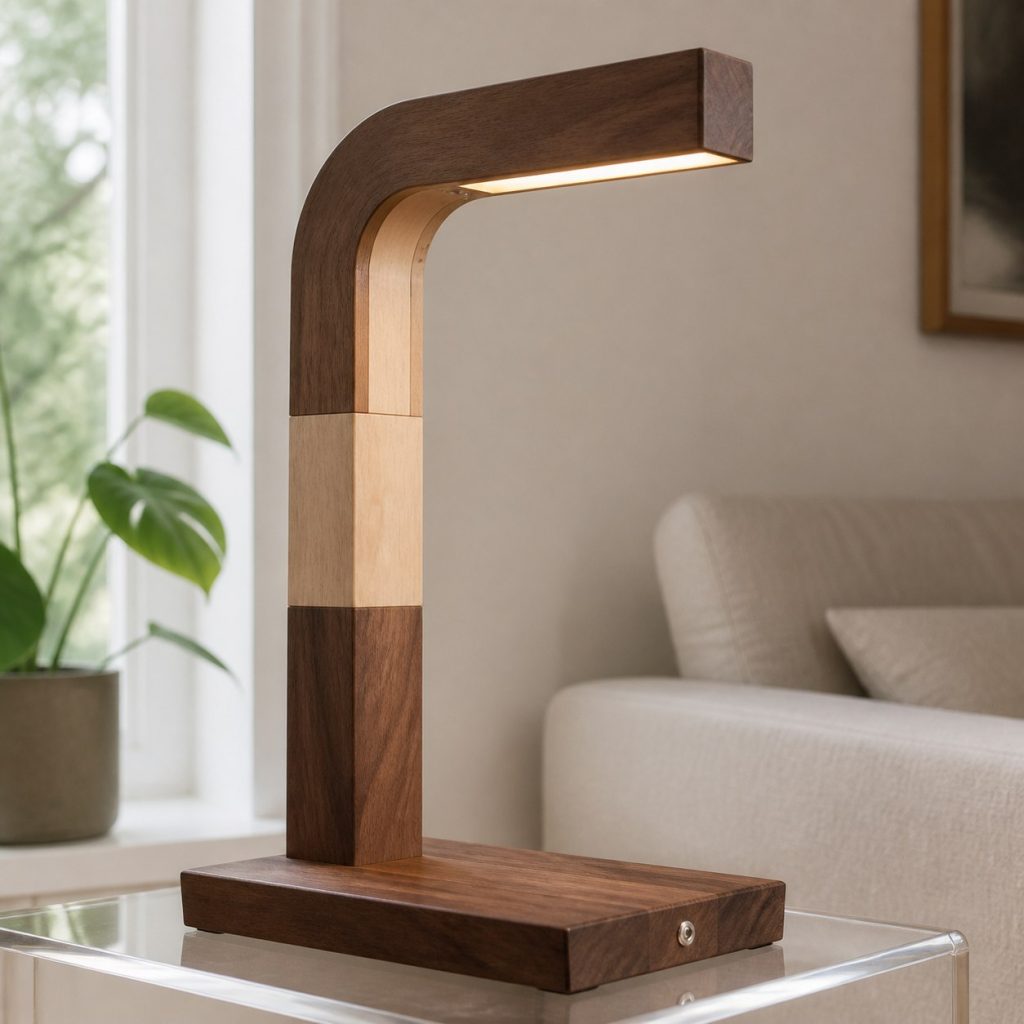 Two-Tone Geometric Arch Lamp shown as a square photorealistic original geometric wooden lamp with warm LED light, visible real wood grain, and physically plausible support