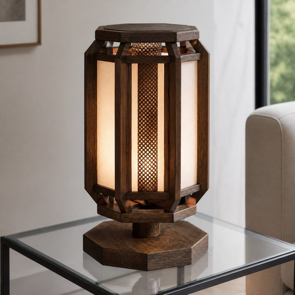 Dark-Oak Octagonal Lantern shown as a square photorealistic original geometric wooden lamp with warm LED light, visible real wood grain, and physically plausible support