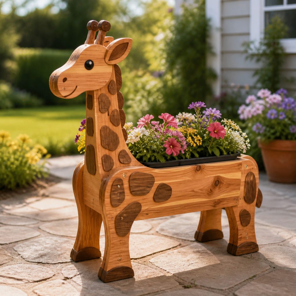 Compact Giraffe Calf Planter shown as a square photorealistic cedar garden planter filled with cottage flowers
