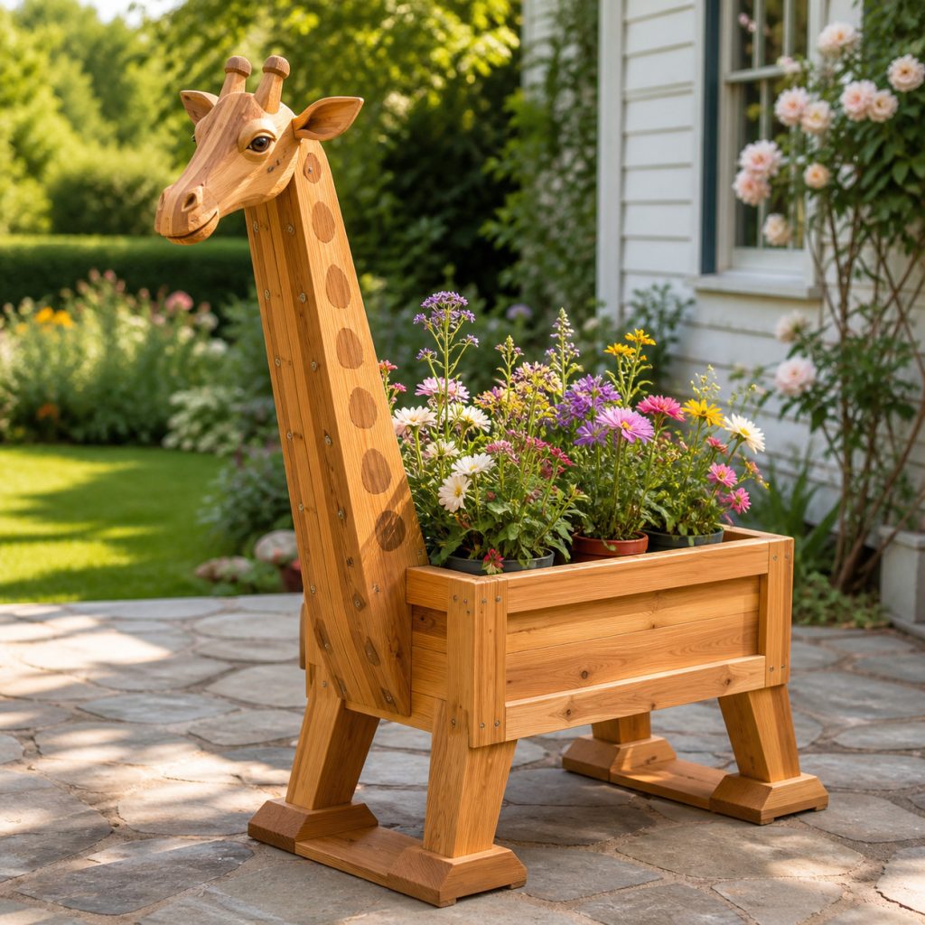 Broad-Base Tall Giraffe shown as a square photorealistic cedar garden planter filled with cottage flowers