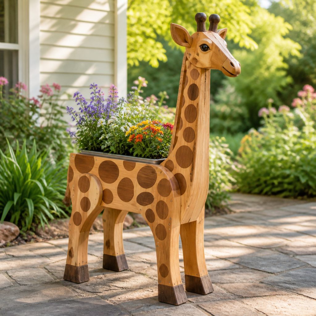 Two-Tone Spotted Giraffe shown as a square photorealistic cedar garden planter filled with cottage flowers