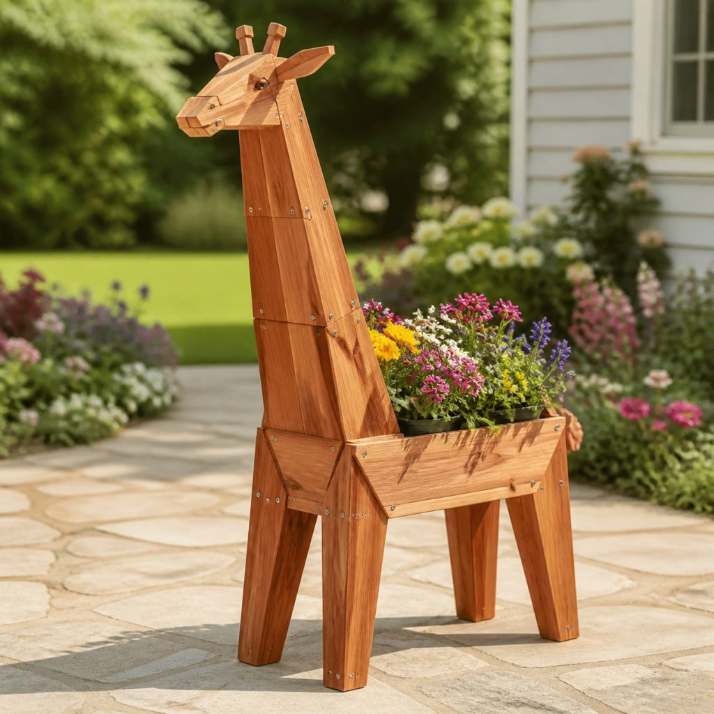 Modern Geometric Giraffe shown as a square photorealistic cedar garden planter filled with cottage flowers