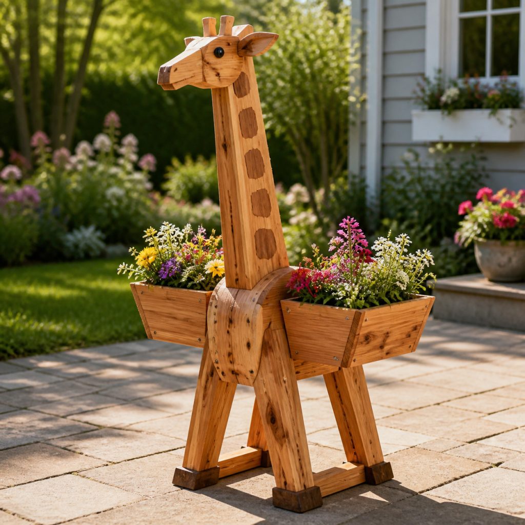 Giraffe with Saddle Flower Pots shown as a square photorealistic cedar garden planter filled with cottage flowers