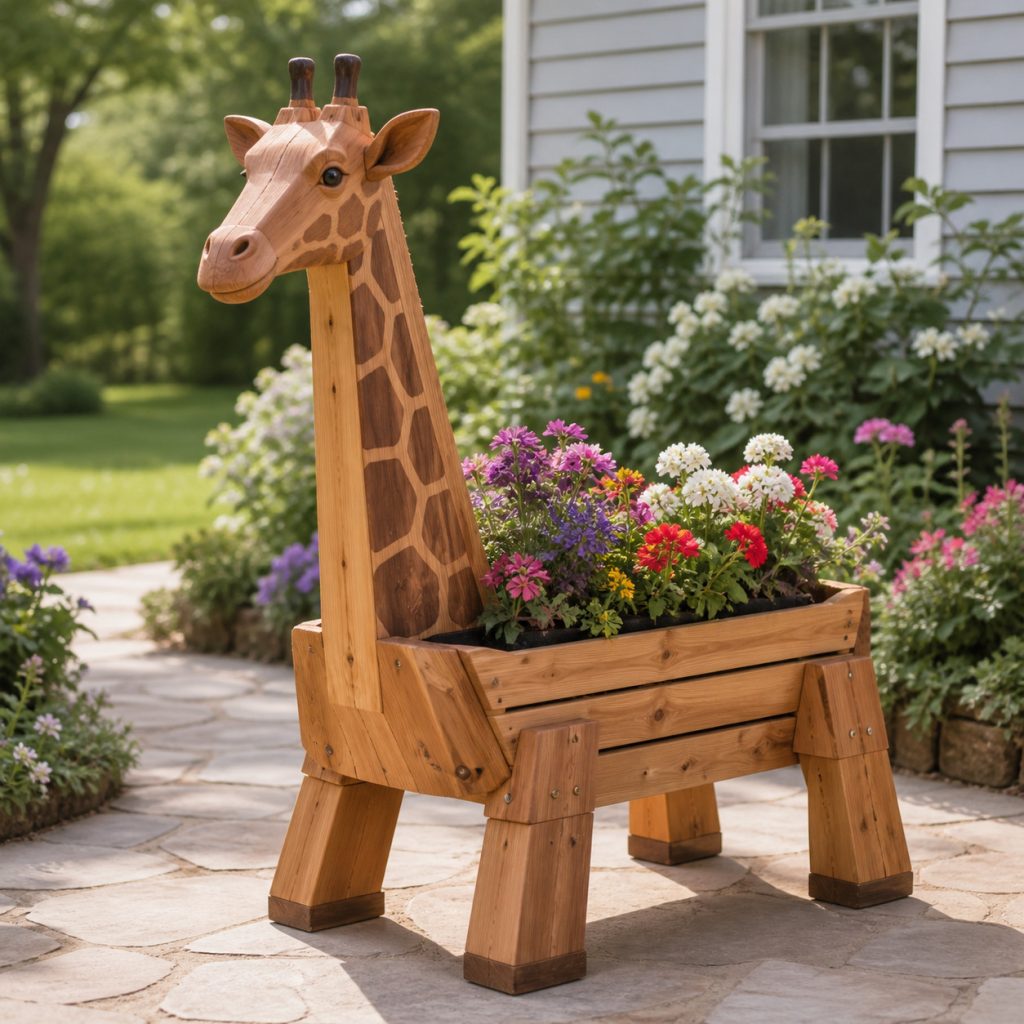 Low Broad-Stance Giraffe shown as a square photorealistic cedar garden planter filled with cottage flowers