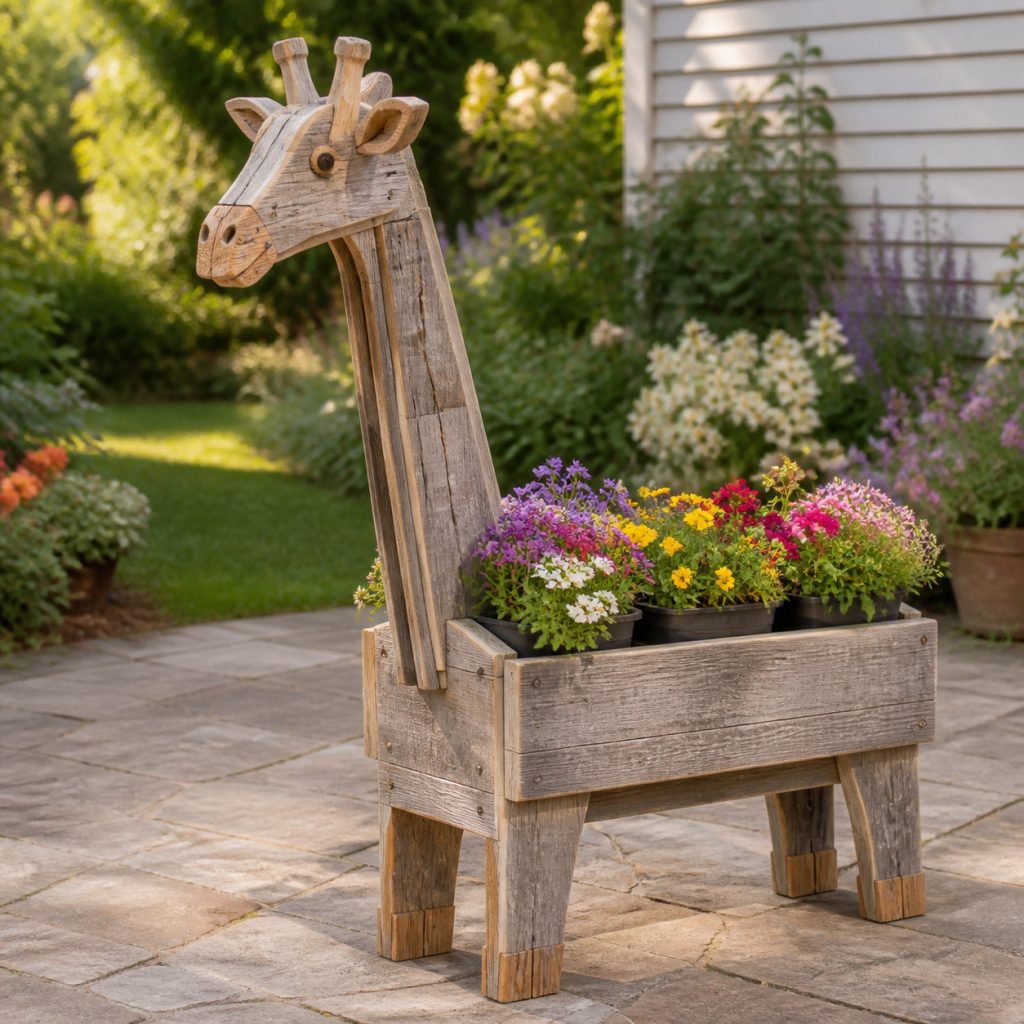 Weathered Garden Giraffe shown as a square photorealistic cedar garden planter filled with cottage flowers