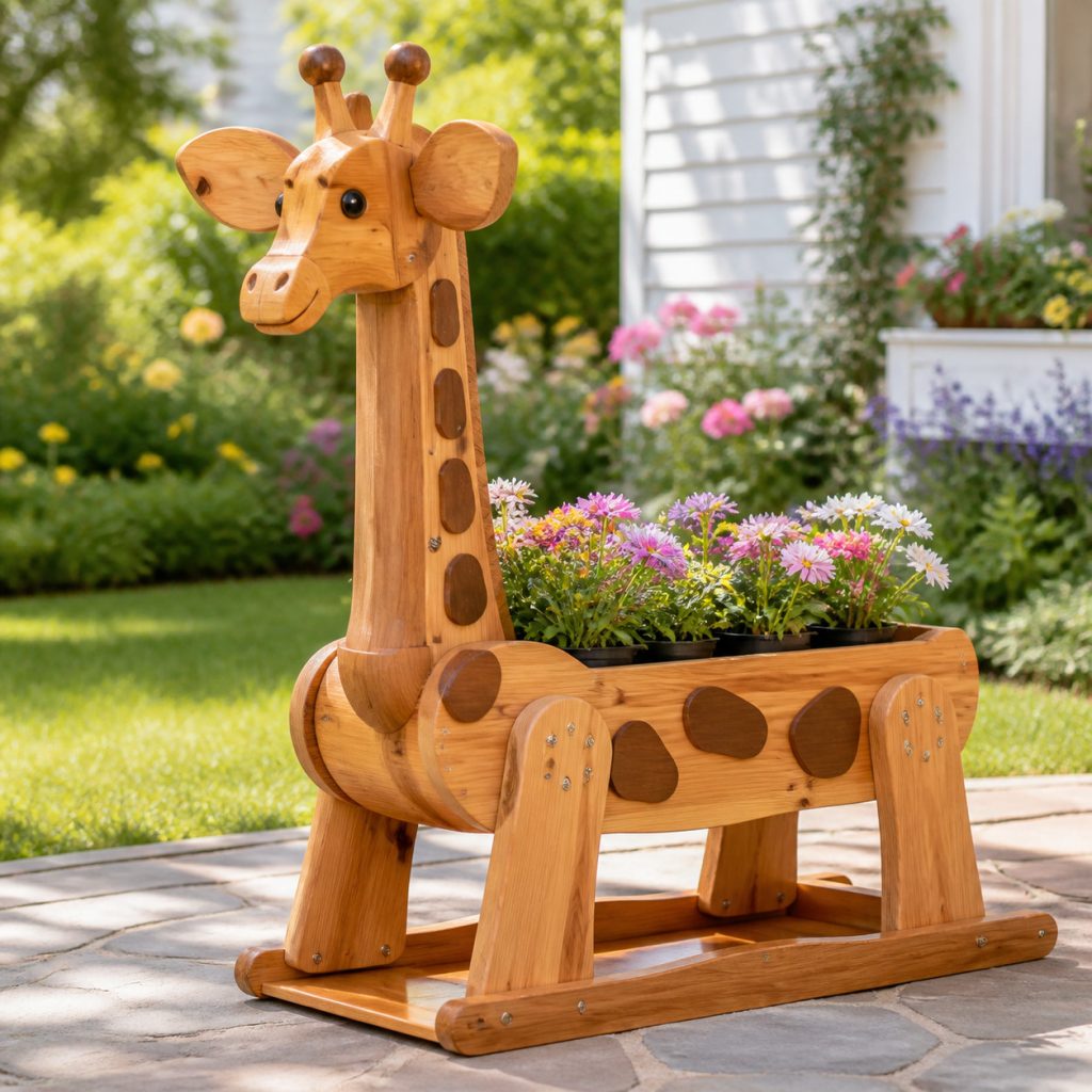 Playful Giraffe Calf shown as a square photorealistic cedar garden planter filled with cottage flowers