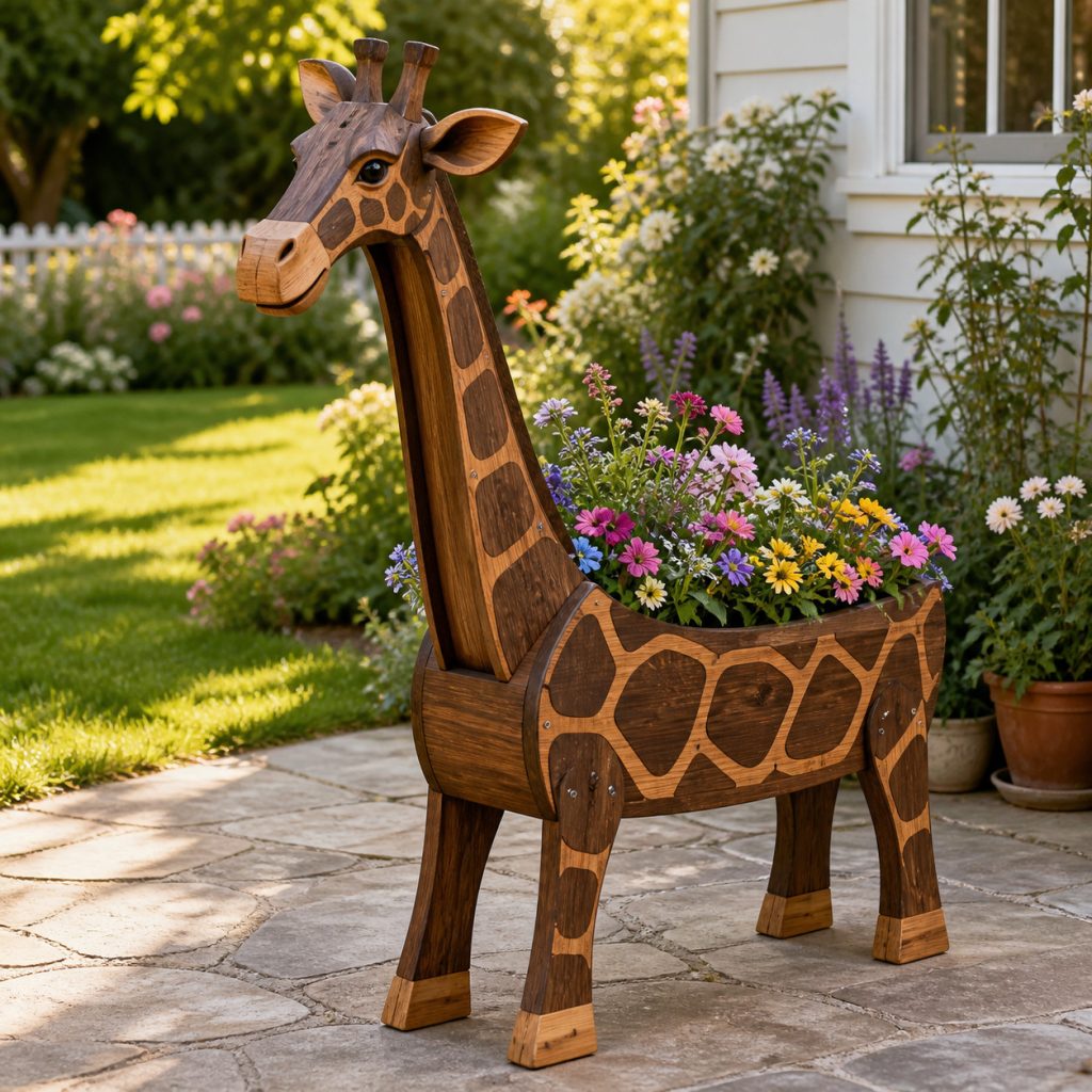 Dark-Stained Elegant Giraffe shown as a square photorealistic cedar garden planter filled with cottage flowers