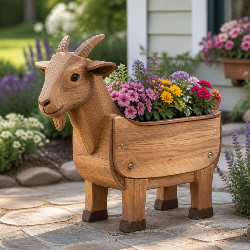 Compact Pygmy Goat Planter shown as a square photorealistic cedar garden planter filled with cottage flowers