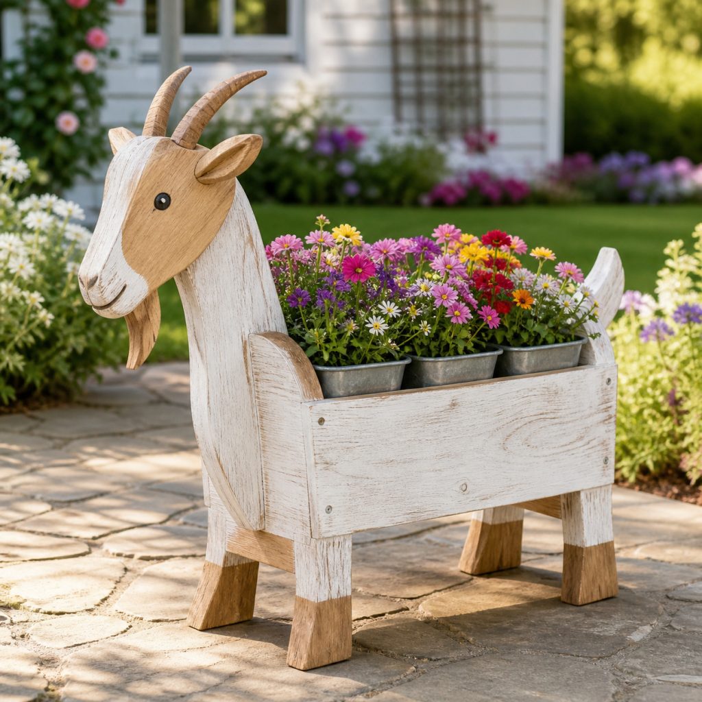 Whitewashed Farm Goat shown as a square photorealistic cedar garden planter filled with cottage flowers