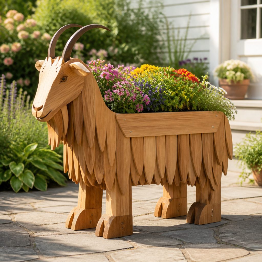 Layered Mountain-Goat Planter shown as a square photorealistic cedar garden planter filled with cottage flowers