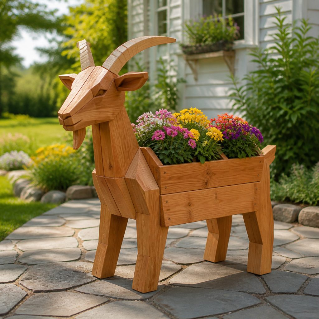 Modern Geometric Cedar Goat shown as a square photorealistic cedar garden planter filled with cottage flowers